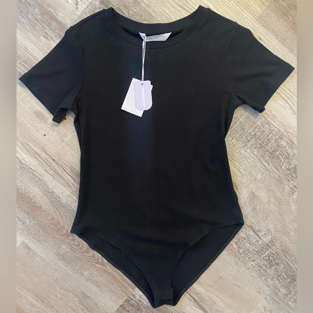 Women's Crew Neck Short Sleeve Bodysuit Size Large Black - Picture 2 of 7